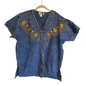 Vintage 80s Plus Size Women's Denim Beaded Button Up Shirt Western Cowgirl